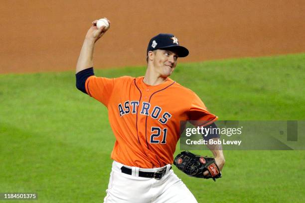 Zack Greinke of the Houston Astros delivers the pitch against the Washington Nationals during the first inning in Game Seven of the 2019 World Series...