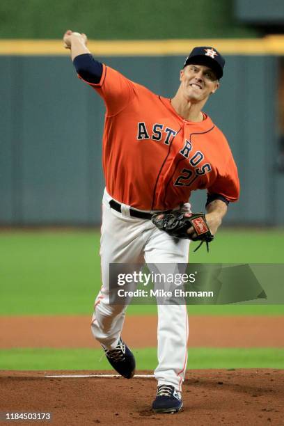 Zack Greinke of the Houston Astros delivers the pitch against the Washington Nationals during the first inning in Game Seven of the 2019 World Series...