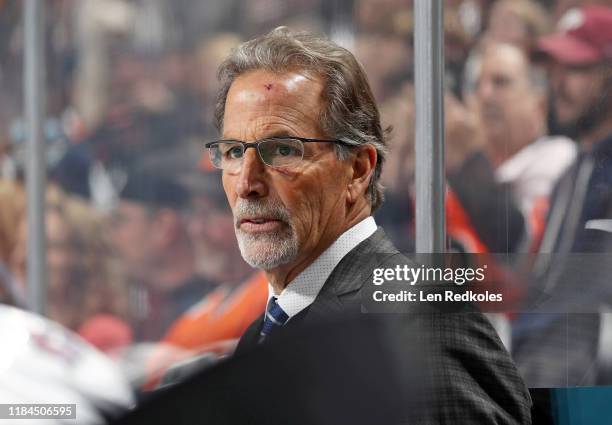 Head Coach of the Columbus Blue Jackets John Tortorella watches a play develop from the bench against the Philadelphia Flyers on October 26, 2019 at...