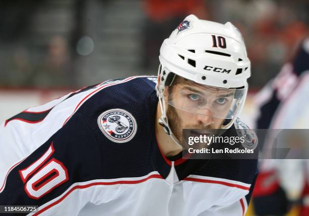 Alexander Wennberg of the Columbus Blue Jackets looks on against the Philadelphia Flyers on October 26, 2019 at the Wells Fargo Center in...