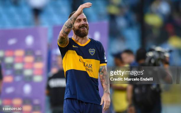 Daniele De Rossi of Boca Juniors waves the fans before a match between Boca Juniors and Union as part of Superliga 2019/20 at Estadio Alberto J....