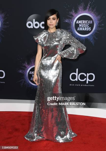 Actress Sofia Carson arrives for the 2019 American Music Awards at the Microsoft theatre on November 24, 2019 in Los Angeles.