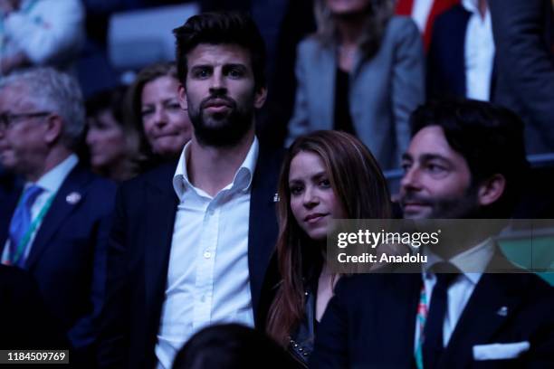 Barcelona's football player Gerard Pique and Colombian singer Shakira attend the final ceremony of 2019 Davis Cup final at La Caja Magica on November...