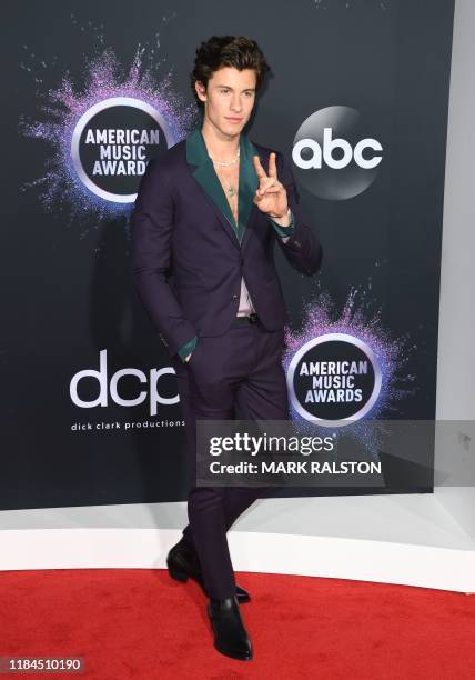Canadian singer/songwriter Shawn Mendes arrives for the 2019 American Music Awards at the Microsoft theatre on November 24, 2019 in Los Angeles.