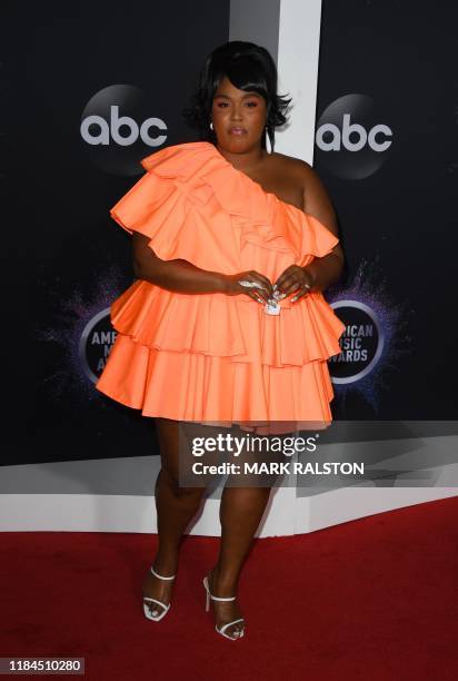 Singer Lizzo arrives for the 2019 American Music Awards at the Microsoft theatre on November 24, 2019 in Los Angeles.