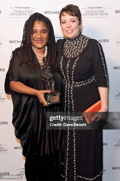 Lynn Nottage, winner of Best Play Award in partnership with Chanel for 'Sweat' presented by Olivia Colman pose in the winners room at the 65th...