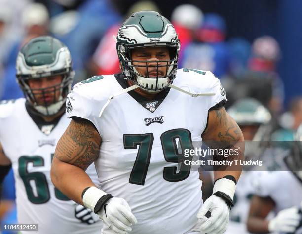 Brandon Brooks of the Philadelphia Eagles makes his way to the field before a game against the Buffalo Bills at New Era Field on October 27, 2019 in...