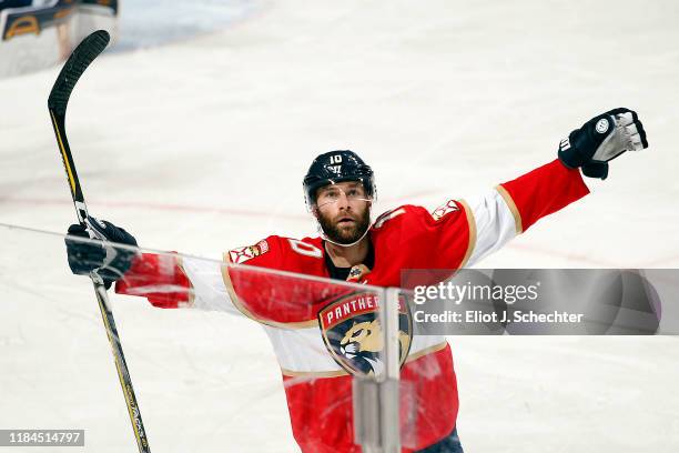 Brett Connolly of the Florida Panthers celebrates his third period goal against the Buffalo Sabres at the BB&T Center on November 24, 2019 in...