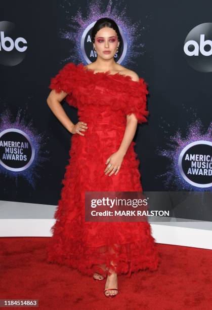 Australian actress Katherine Langford arrives for the 2019 American Music Awards at the Microsoft theatre on November 24, 2019 in Los Angeles.