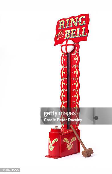 strong man bell and hammer on white background - mallet hand tool stock pictures, royalty-free photos & images