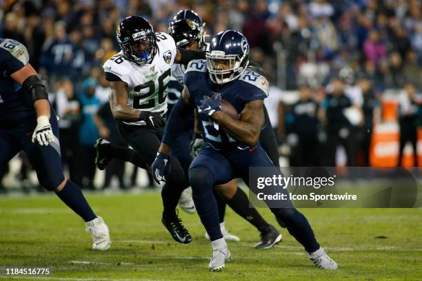 Tennessee Titans running back Derrick Henry runs for a touchdown in a game between the Tennessee Titans and Jacksonville Jaguars, November 24, 2019...