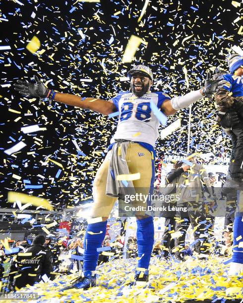 Rasheed Bailey of the Winnipeg Blue Bombers celebrates after defeating the Hamilton Tiger-Cats during the 107th Grey Cup Championship Game at McMahon...