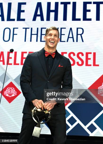 Swimmer Caeleb Dressel receives the Male Athlete award during Golden Goggle Awards on November 24, 2019 in Los Angeles, California.