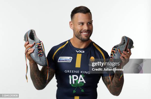 Francois Hougaard of Worcester Warriors poses for a portrait with rainbow laces on his boots in support of the Stonewall Rainbow Laces Campaign,...