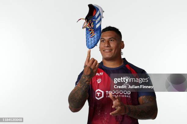 Nathan Hughes of Bristol Bears poses for a portrait with rainbow laces on his boots in support of the Stonewall Rainbow Laces Campaign, promoting...