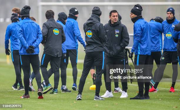 November 2019, Berlin: Soccer: Bundesliga, Training Hertha BSC, Schenkendorfplatz training ground. Head coach Ante Covic in conversation with Karim...