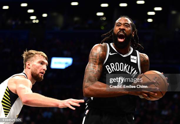 DeAndre Jordan of the Brooklyn Nets reacts during the second half of their game against the Indiana Pacers at Barclays Center on October 30, 2019 in...