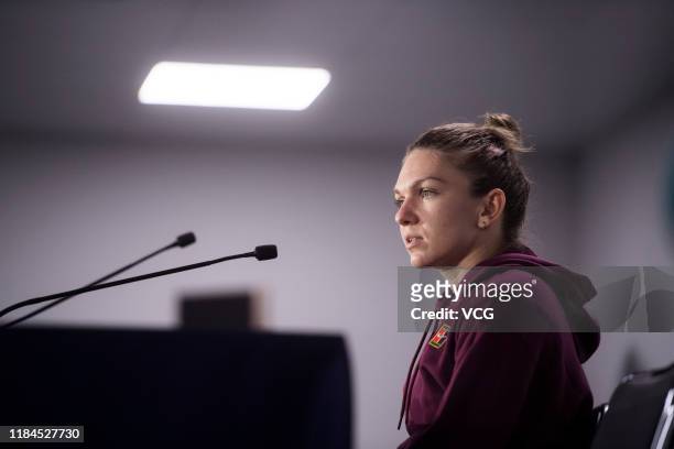 Simona Halep of Romania attends a press conference after the Women's Singles group match against Elina Svitolina of Ukraine on Day four of the 2019...