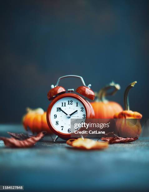 è ora dell'autunno. sveglia rossa con foglie e zucche - daylight saving time foto e immagini stock