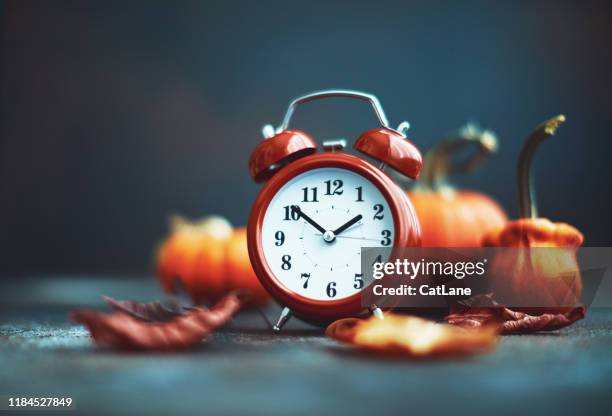 time for fall. red alarm clock with leaves and pumpkins - daylight savings stock pictures, royalty-free photos & images