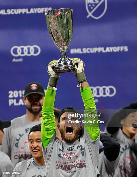 Goalkeeper Quentin Westberg of Toronto FC celebrates after their 2-1 win over the Atlanta United in the Eastern Conference Finals between Atlanta...