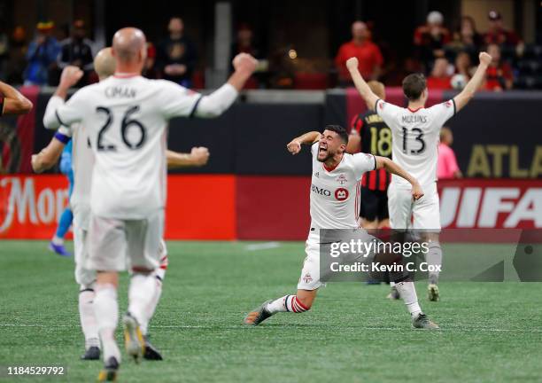 Justin Morrow of Toronto FC reacts after their 2-1 win over Atlanta United in the Eastern Conference Finals between Atlanta United and Toronto FC at...