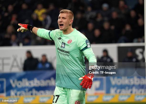 Goalkeeper Robin Zentner of FSV Mainz 05 gestures during the Bundesliga match between TSG 1899 Hoffenheim and 1. FSV Mainz 05 at PreZero-Arena on...