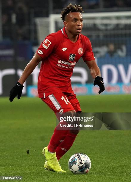 Pierre Kunde Malong of FSV Mainz 05 controls the ball during the Bundesliga match between TSG 1899 Hoffenheim and 1. FSV Mainz 05 at PreZero-Arena on...