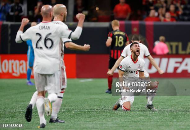 Justin Morrow of Toronto FC reacts after their 2-1 win over Atlanta United in the Eastern Conference Finals between Atlanta United and Toronto FC at...