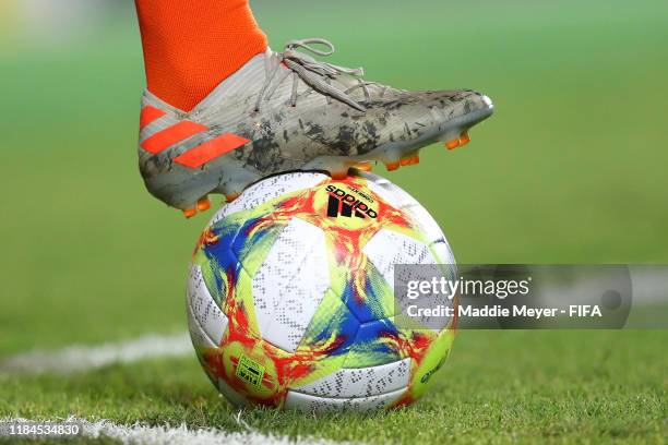 Detail of the match ball and the cleats of Mohamed Taabouni of Netherlands during the FIFA U-17 World Cup Brazil 2019 group D match between...