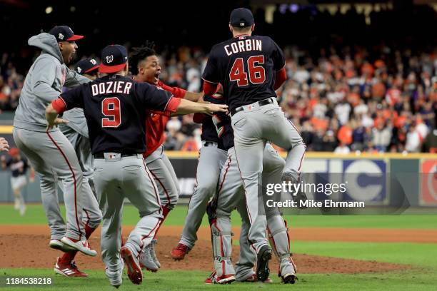 The Washington Nationals celebrate after defeating the Houston Astros 6-2 in Game Seven to win the 2019 World Series in Game Seven of the 2019 World...