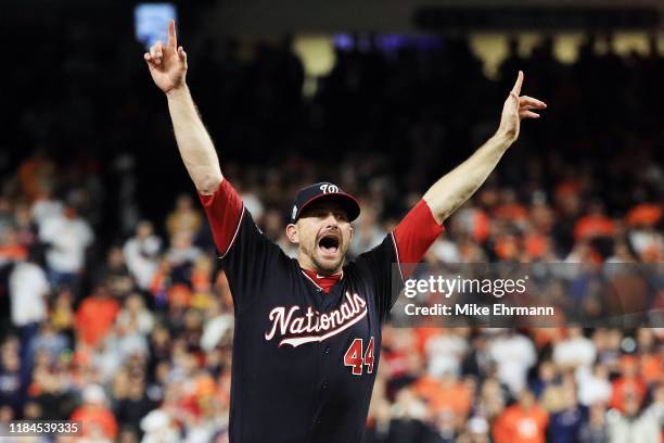 Daniel Hudson of the Washington Nationals celebrates after defeating the Houston Astros 6-2 in Game Seven to win the 2019 World Series in Game Seven...