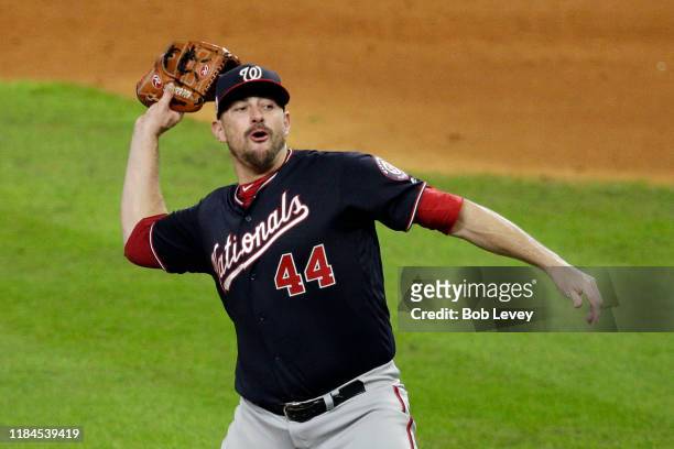 Daniel Hudson of the Washington Nationals celebrates after defeating the Houston Astros 6-2 in Game Seven to win the 2019 World Series in Game Seven...