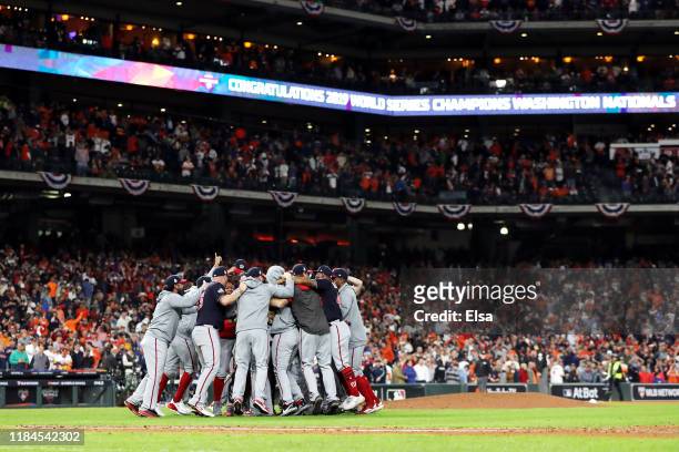 The Washington Nationals celebrate after defeating the Houston Astros 6-2 in Game Seven to win the 2019 World Series in Game Seven of the 2019 World...