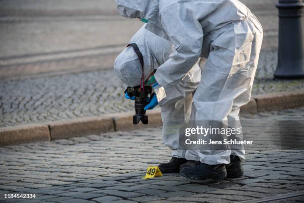 Criminal police investigate the environment outside the Residenzschloss palace that houses the Gruenes Gewoelbe collection of treasures on November...