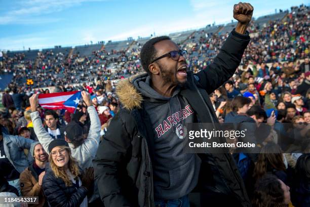 Harvard and Yale students protest during the halftime of the college football game between Harvard and Yale at the Yale Bowl in New Haven, CT on...
