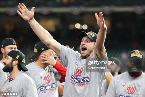 Max Scherzer of the Washington Nationals celebrates after the team defeated the Houston Astros 6-2 in Game Seven to win the 2019 World Series in Game...