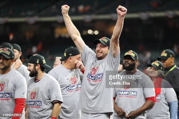 Max Scherzer of the Washington Nationals celebrates after the team defeated the Houston Astros 6-2 in Game Seven to win the 2019 World Series in Game...