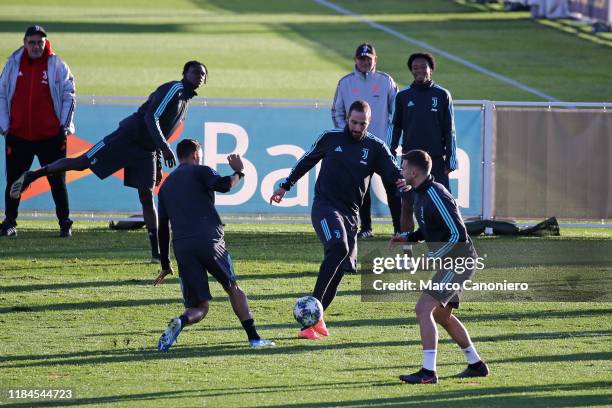 Gonzalo Higuain of Juventus FC during training session on the eve of the UEFA Champions League football match between Juventus Fc and Club Atletico...