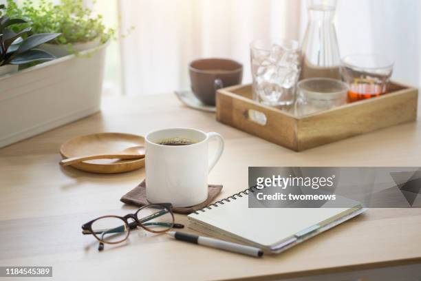 daily routine relaxation coffee break still life. - notepad table stock pictures, royalty-free photos & images