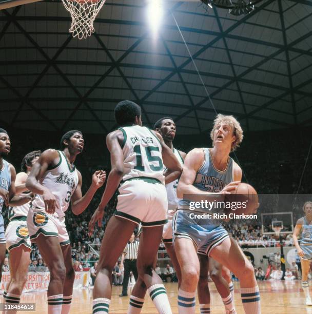 Final Four: Michigan State Earvin "Magic" Johnson in action vs Indiana State Larry Bird during National Championship game at Special Events Center....