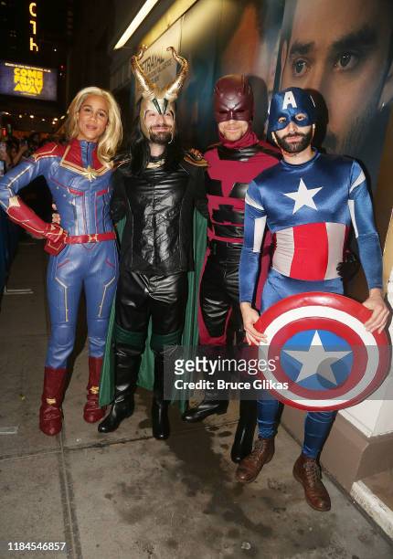Zawe Ashton as "Captain Marvel", Charlie Cox as "Loki", Tom Hiddleston as "Daredevil" and Eddie Arnold as "Captain America" pose as the Broadway cast...