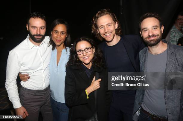 Eddie Arnold, Zawe Ashton, Julia Louis-Dreyfus, Tom Hiddleston and Charlie Cox pose backstage at the hit play "Betrayal" on Broadway at The Bernard...