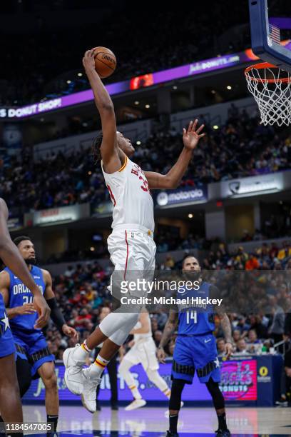 Myles Turner of the Indiana Pacers goes up for a dunk during the game against the Orlando Magic at Bankers Life Fieldhouse on November 23, 2019 in...