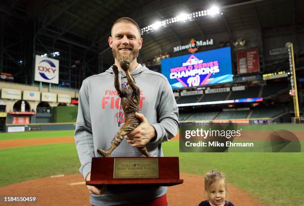 Stephen Strasburg of the Washington Nationals is awarded MVP after his teams 6-2 victory against the Houston Astros in Game Seven to win the 2019...