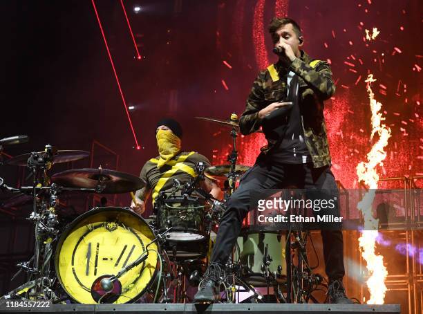 Recording artists Josh Dun and Tyler Joseph of Twenty One Pilots perform during a stop of The Bandito Tour at MGM Grand Garden Arena on October 30,...