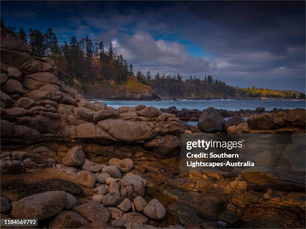 cresswell's bay at low tide on norfolk island, south pacific. - cresswell stock pictures, royalty-free photos & images