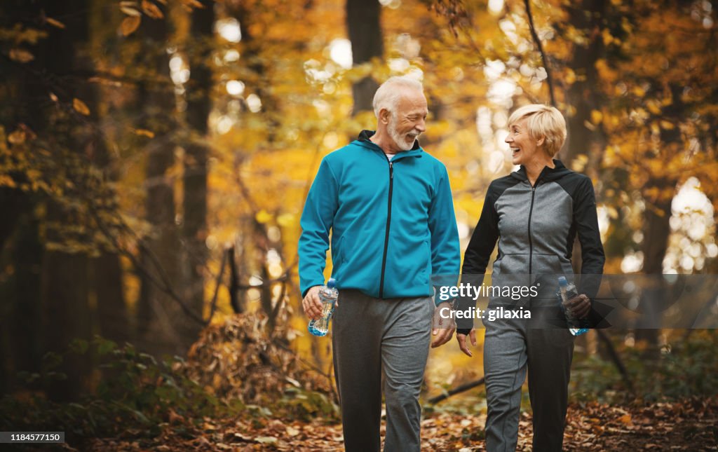 Couples aînés marchant dans une forêt.