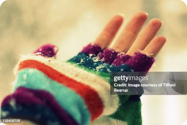 rainbow knitted glove catching snowflakes - fingerless glove stock pictures, royalty-free photos & images