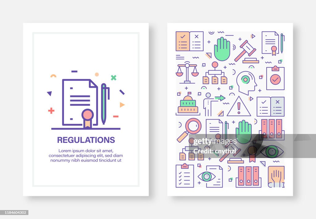 Ilustrações do vetor com ícones relacionados regulamentos para brochura, flyer, livro de capa, modelo anual do projeto da disposição da tampa do relatório